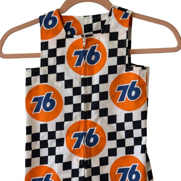 Hand Made Union 76 Gas Logo Checkered Flag Little Kids Romper - Picture 2 of 5